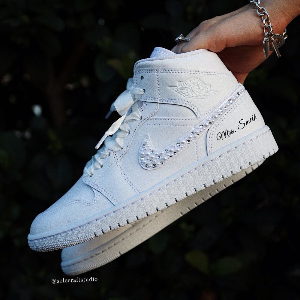 Wedding Sneakers for Bride Personalized Jordan 1 Mid with Rhinestones & Pearls - Picture 4 of 8